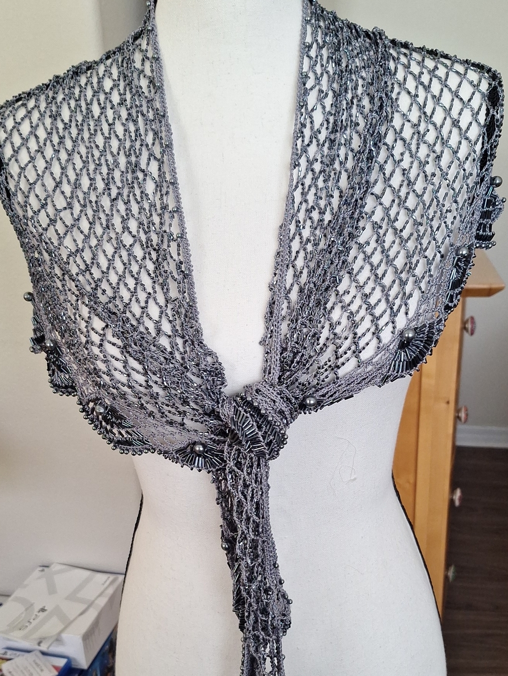 Silver Beaded Mesh Scarf - Metallic Knit Accent
